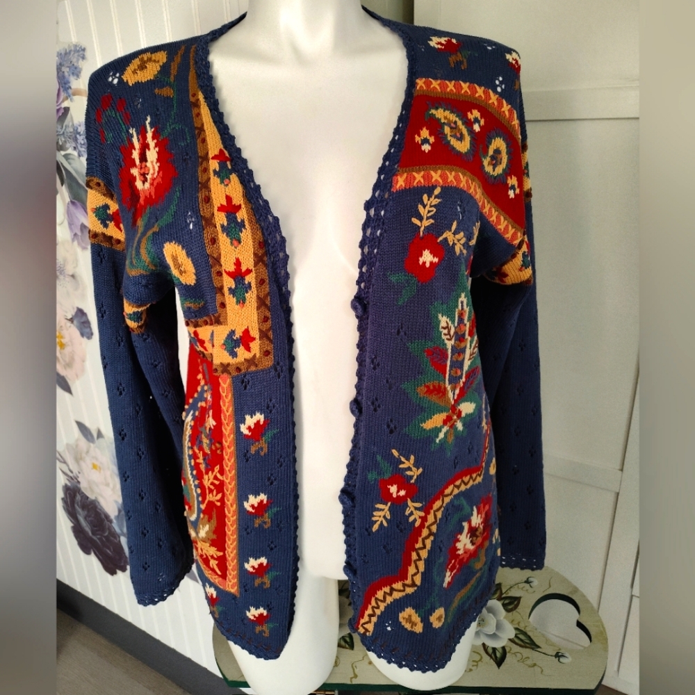 Susan Bristol 1995 Boho Art To Wear Oversized M Cardigan Handknit Cotton Ramie